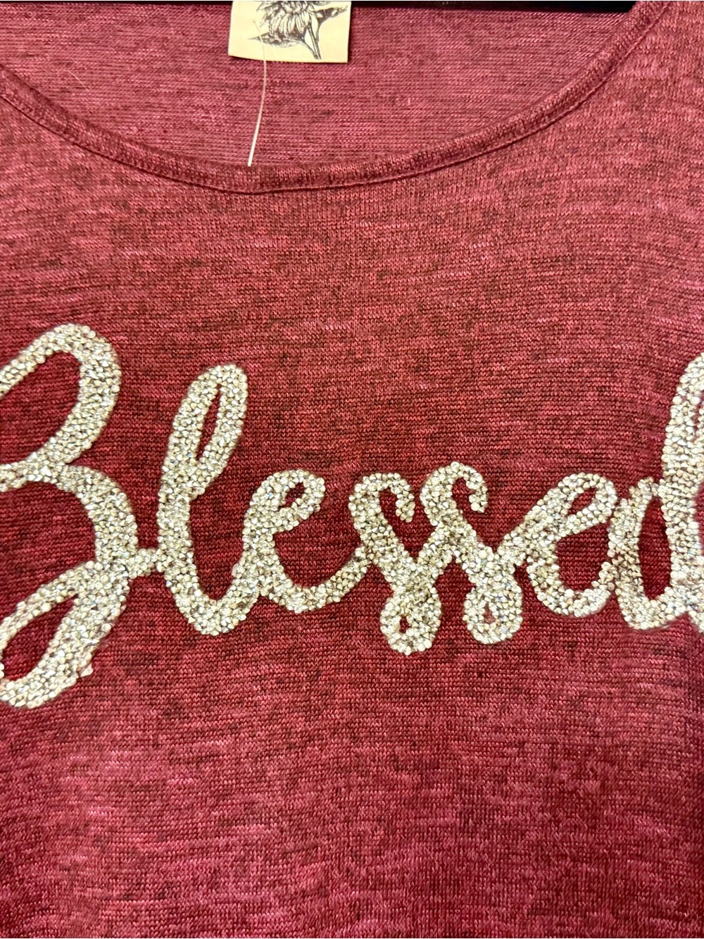 Joei & I 3X Blessed Rhinestone Burgundy Tie Front Long Sleeve - Picture 3 of 7